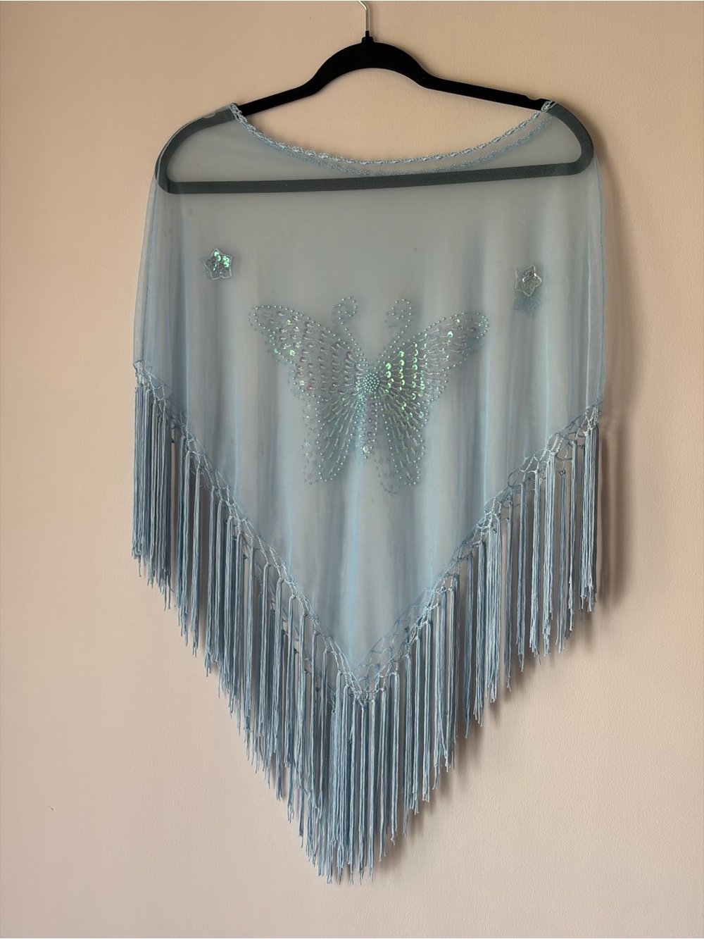RARE Y2K Sheer Light Blue Butterfly Star Fringe Shawl Poncho